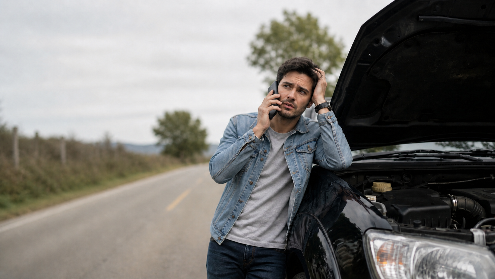 Driver calling for help after a car breakdown
