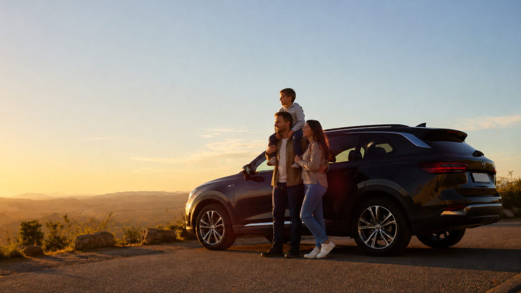 Family standing beside an SUV on a scenic road at sunset