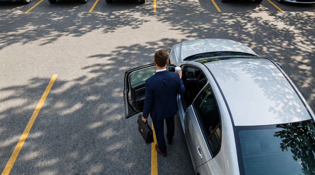 Driver getting into a car in a parking lot for a guide about car insurance deductibles