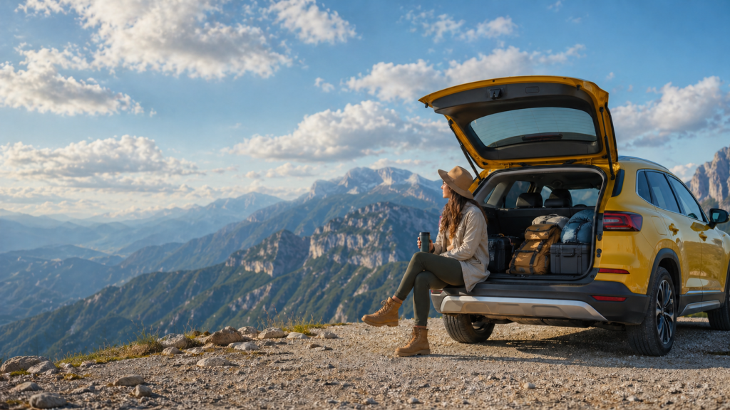 Driver with SUV on a mountain road trip, considering full coverage car insurance