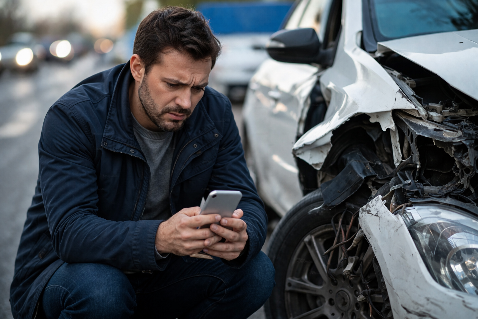 Driver using a phone after a car accident