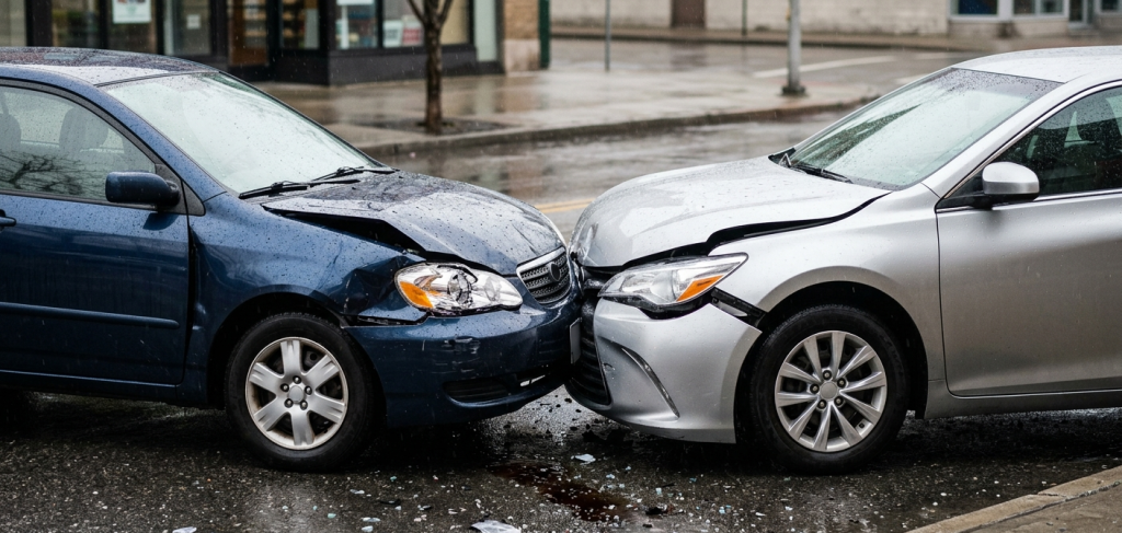 Two cars damaged in a front-end collision for a collision insurance guide