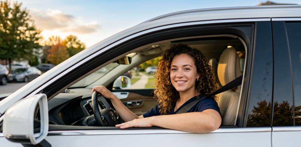 Driver sitting in a car for a guide about premiums and deductibles