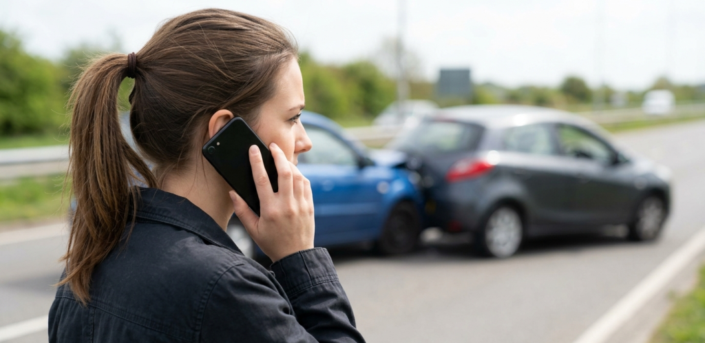 Driver calling after a car accident for a liability insurance guide