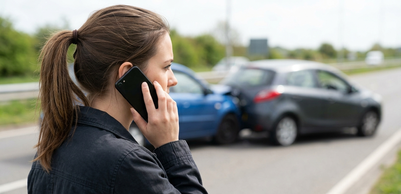 Driver calling after a car accident for a liability insurance guide