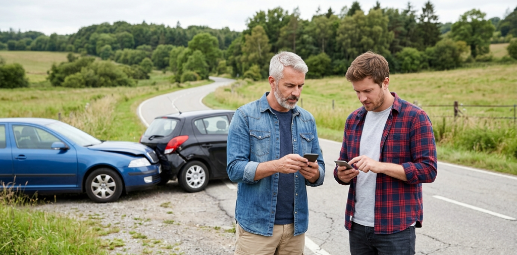 Drivers checking insurance information after a roadside accident