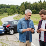 Drivers checking insurance information after a roadside accident