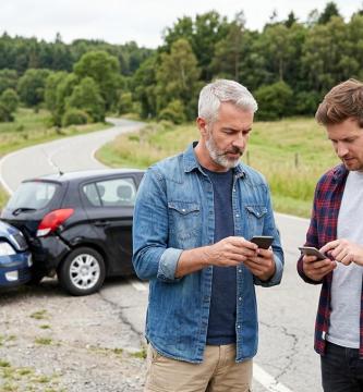 Drivers checking insurance information after a roadside accident