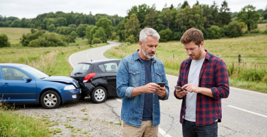 Drivers checking insurance information after a roadside accident