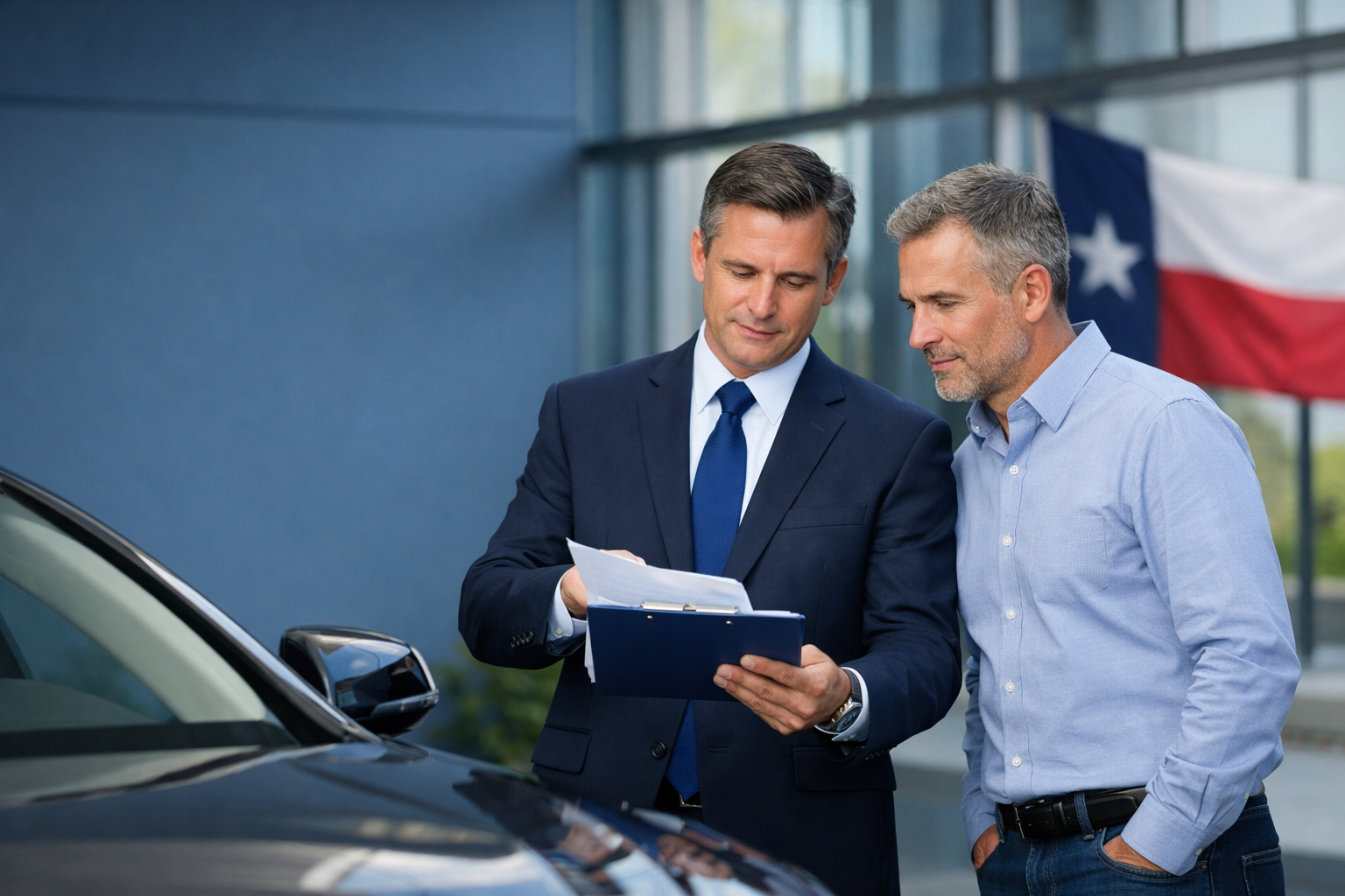 Insurance agent helping a high-risk driver with car insurance in Texas