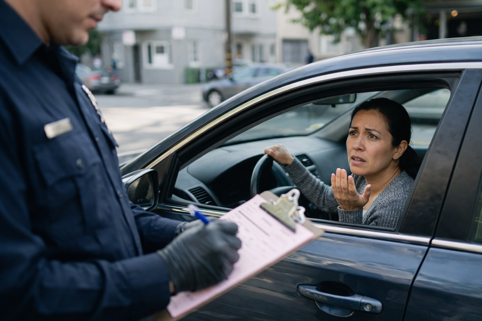 Driver receiving a speeding ticket during a traffic stop