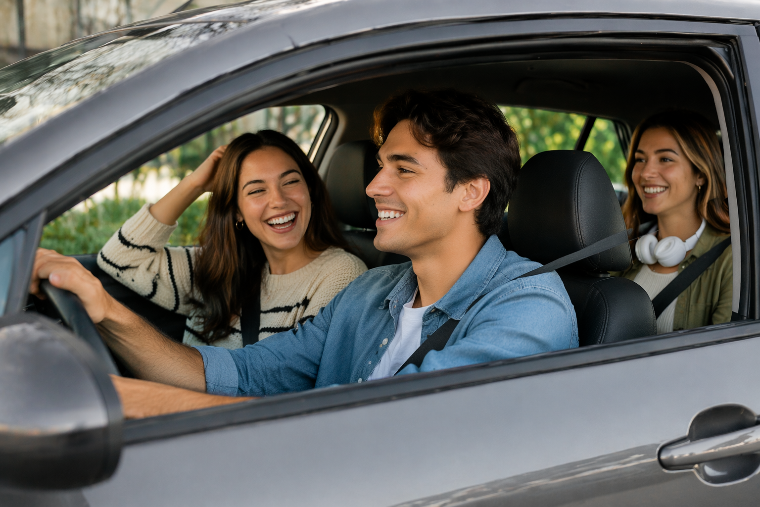 College students riding in a car while comparing car insurance options