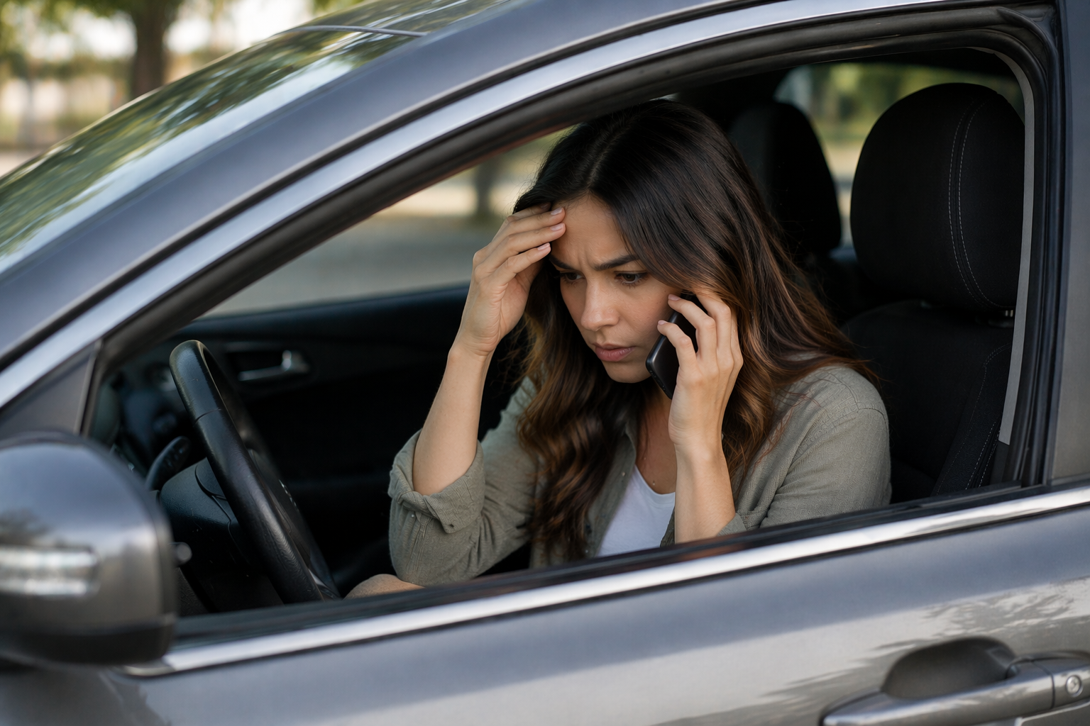 Driver calling insurance after an accident with an uninsured motorist