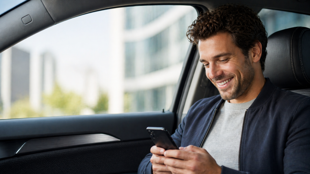 Driver checking a usage-based car insurance app inside a parked car