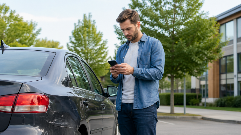 Driver reporting a hit-and-run insurance claim next to a damaged parked car