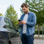 Driver reporting a hit-and-run insurance claim next to a damaged parked car