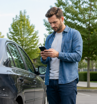 Driver reporting a hit-and-run insurance claim next to a damaged parked car