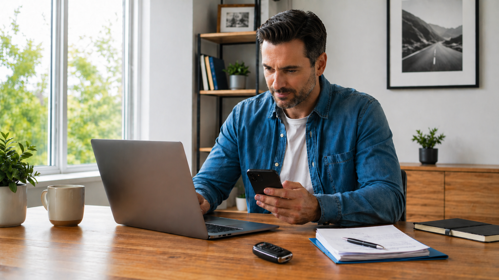 Driver comparing car insurance options before switching mid-policy