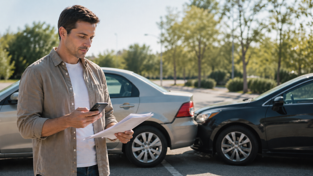 Driver reviewing insurance documents after a minor car accident