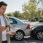 Driver reviewing insurance documents after a minor car accident