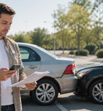 Driver reviewing insurance documents after a minor car accident