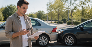 Driver reviewing no-fault car insurance information after an accident