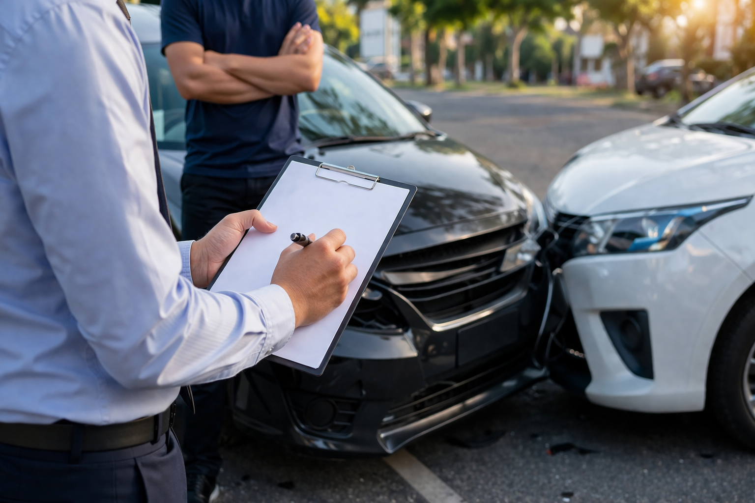 Insurance adjuster documenting damage for a car insurance claim