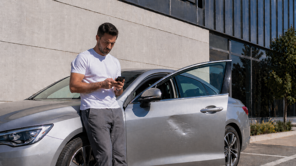 Driver checking a car insurance claim on a phone next to his parked car