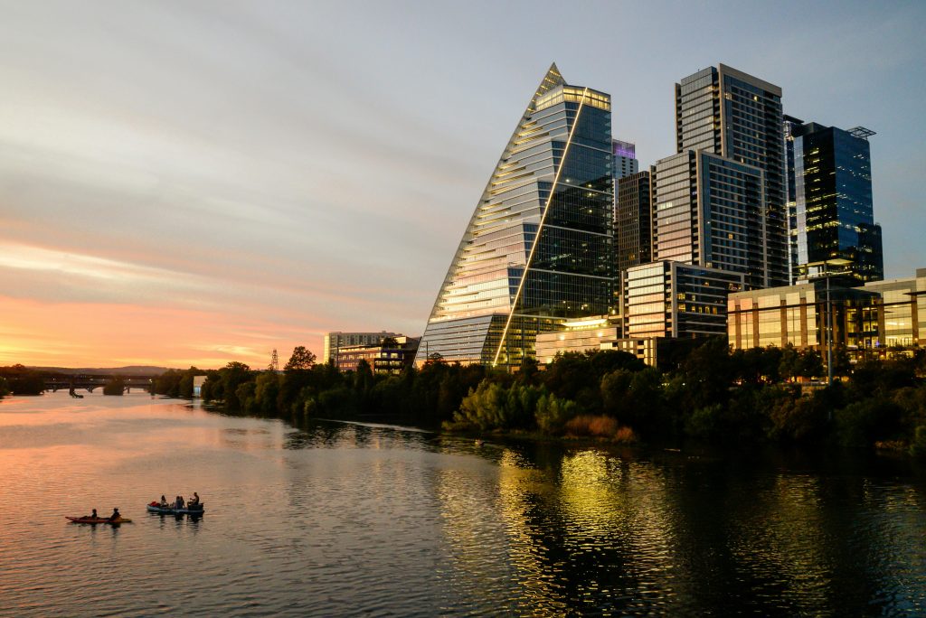 Austin skyline at sunset along the Colorado River