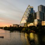 Austin skyline at sunset along the Colorado River