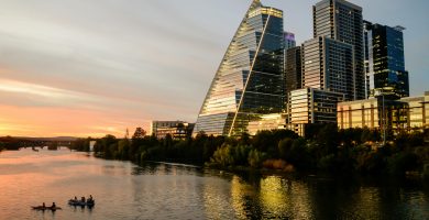 Austin skyline at sunset along the Colorado River