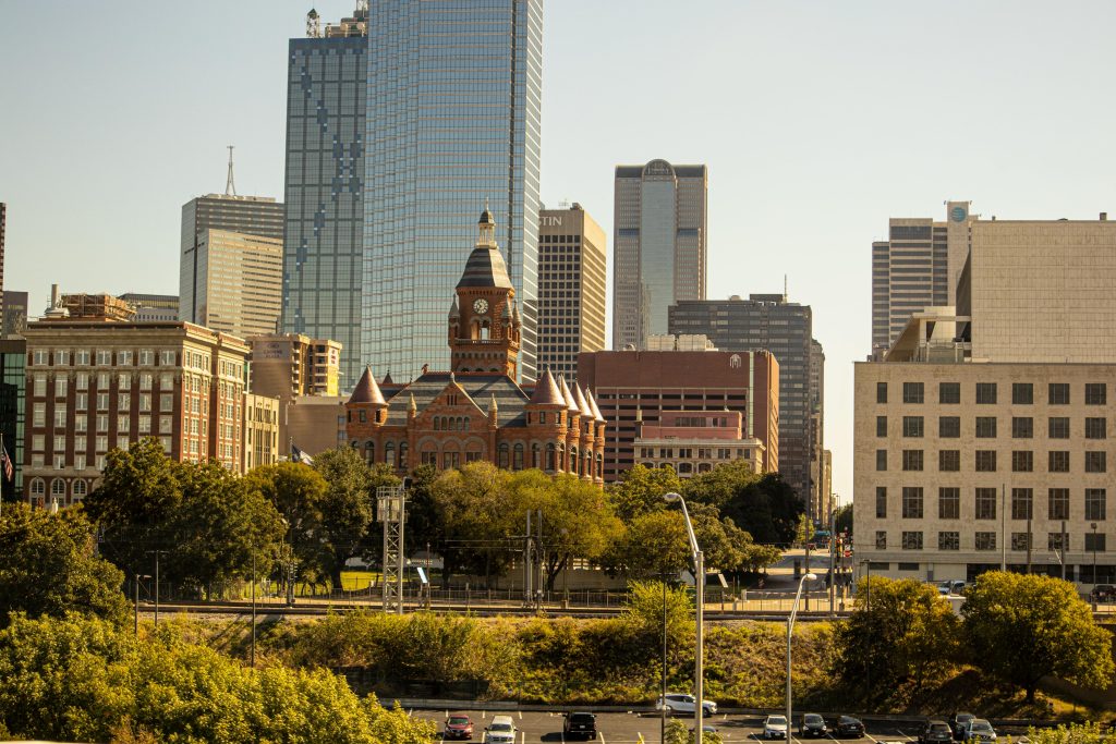 Dallas skyline with downtown buildings and traffic