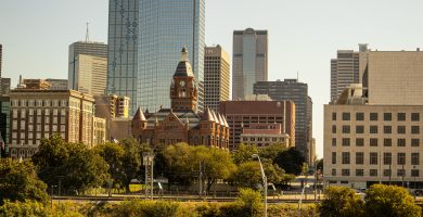 Dallas skyline with downtown buildings and traffic