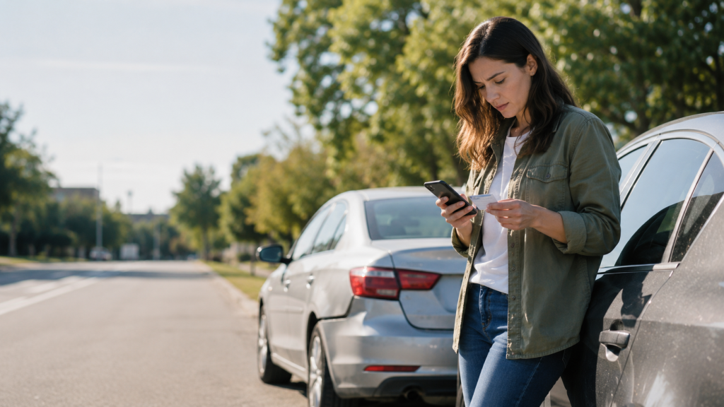 Driver reviewing insurance information after a minor car accident in Georgia